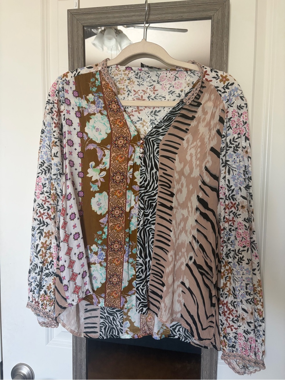 Tolani Multi-Print V-Neck Mixed Pattern Blouse - Pink, Brown, Black